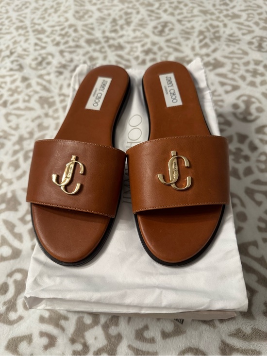 Jimmy Choo Shoes - Jimmy Choo Brown Leather Slide Sandals with Gold JC Emblem 39